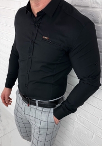 Koszula męska czarna slim fit ozdobna kieszonka IMG2004