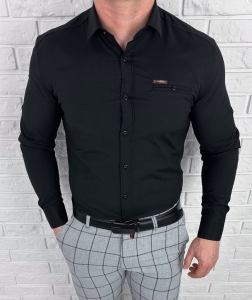Koszula męska czarna slim fit ozdobna kieszonka IMG2004