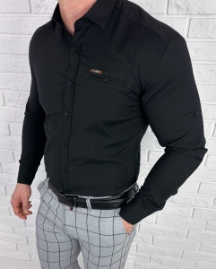 Koszula męska czarna slim fit ozdobna kieszonka IMG2004