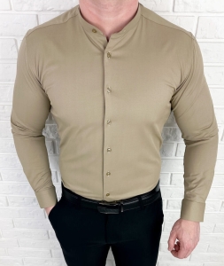 Koszula męska beżowa ze stójką slim fit Rs-1130