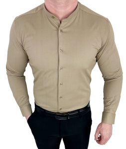 Koszula męska beżowa ze stójką slim fit Rs-1130