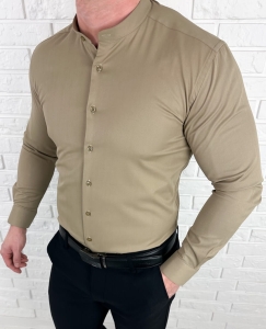 Koszula męska beżowa ze stójką slim fit Rs-1130