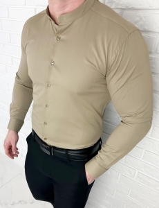 Koszula męska beżowa ze stójką slim fit Rs-1130