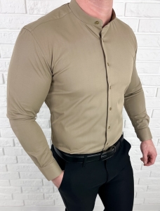 Koszula męska beżowa ze stójką slim fit Rs-1130