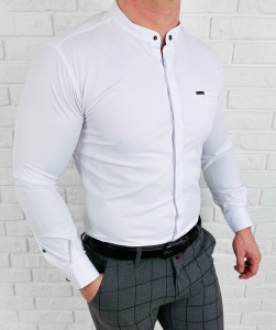 Koszula męska biała ze stójką z krytą plisą slim fit Stylovy 1961
