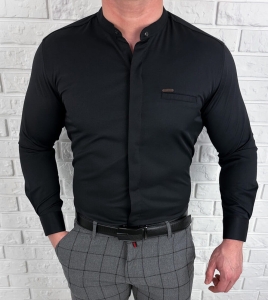 Koszula męska czarna ze stójką slim fit kryta plisa Stylovy 1961