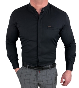 Koszula męska czarna ze stójką slim fit kryta plisa Stylovy 1961