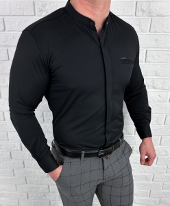 Koszula męska czarna ze stójką slim fit kryta plisa Stylovy 1961