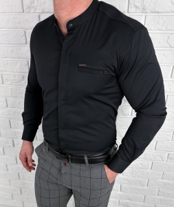 Koszula męska czarna ze stójką slim fit kryta plisa Stylovy 1961