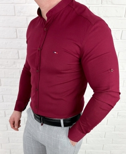 Koszula męska bordowa oxford ze stójką slim fit logo 2006