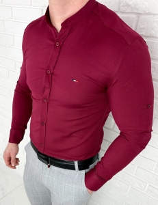 Koszula męska bordowa oxford ze stójką slim fit logo 2006