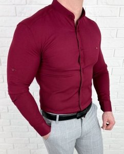 Koszula męska bordowa oxford ze stójką slim fit logo 2006