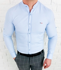 Koszula męska niebieska oxford ze stójką slim fit logo 2006