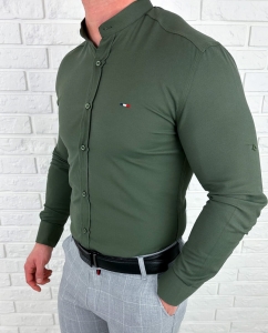 Koszula męska khaki oxford ze stójką slim fit logo 2006