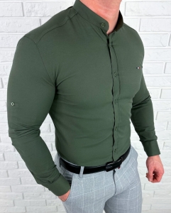 Koszula męska khaki oxford ze stójką slim fit logo 2006