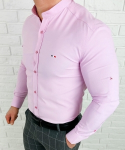 Koszula męska różowa oxford ze stójką slim fit logo 2006