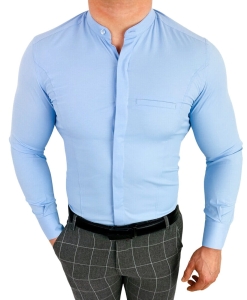 Koszula męska niebieska długi rękaw ze stójką slim fit vp3