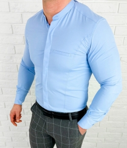 Koszula męska niebieska długi rękaw ze stójką slim fit vp3