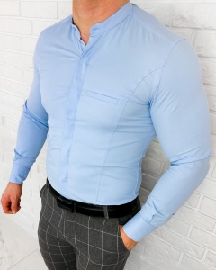 Koszula męska niebieska długi rękaw ze stójką slim fit vp3