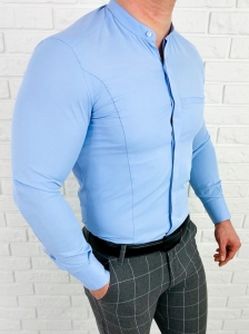 Koszula męska niebieska długi rękaw ze stójką slim fit vp3