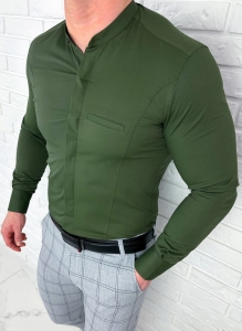 Koszula męska khaki długi rękaw ze stójką slim fit vp3