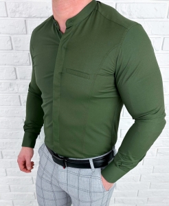 Koszula męska khaki długi rękaw ze stójką slim fit vp3