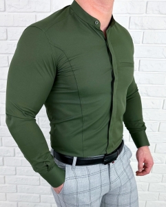 Koszula męska khaki długi rękaw ze stójką slim fit vp3