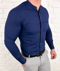Koszula męska granatowa długi rękaw ze stójką slim fit vp3