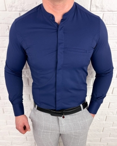 Koszula męska granatowa długi rękaw ze stójką slim fit vp3