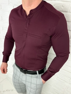 Koszula męska bordowa długi rękaw ze stójką slim fit vp3