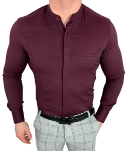 Koszula męska bordowa długi rękaw ze stójką slim fit vp3
