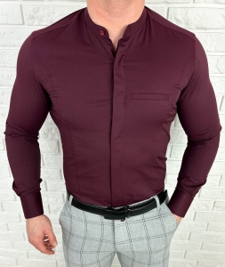 Koszula męska bordowa długi rękaw ze stójką slim fit vp3