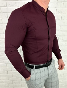 Koszula męska bordowa długi rękaw ze stójką slim fit vp3