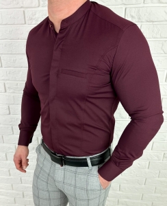Koszula męska bordowa długi rękaw ze stójką slim fit vp3