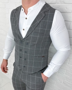 Kamizelka męska elegancka garniturowa ciemnoszara w białą kratę stylovy 1738