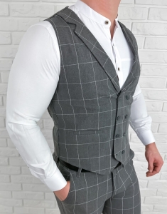 Kamizelka męska elegancka garniturowa ciemnoszara w białą kratę stylovy 1738