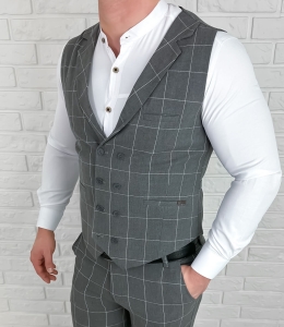 Kamizelka męska elegancka garniturowa ciemnoszara w białą kratę stylovy 1738