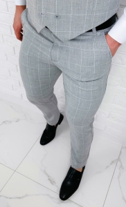 Spodnie męskie chino materiałowe szare w białą kratą slim 1691