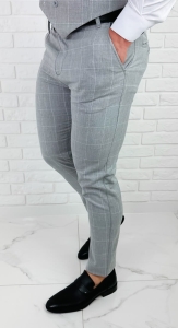 Spodnie męskie chino materiałowe szare w białą kratą slim 1691