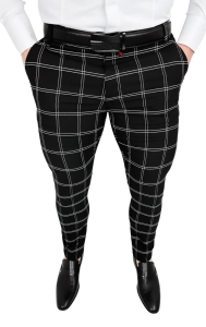 Czarne eleganckie spodnie w białą kratę slim fit Stylovy 2032