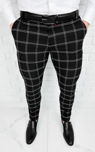 Czarne eleganckie spodnie w białą kratę slim fit Stylovy 2032