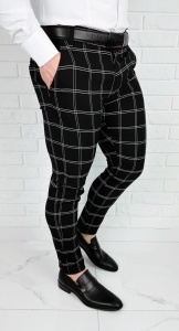 Czarne eleganckie spodnie w białą kratę slim fit Stylovy 2032