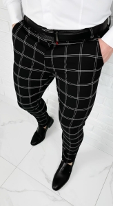 Czarne eleganckie spodnie w białą kratę slim fit Stylovy 2032
