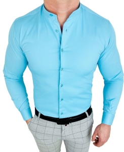 Koszula męska turkusowa ze stójką slim fit Rs-1130