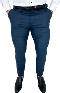 Granatowe eleganckie spodnie męskie slim fit w czarną kratę 2036