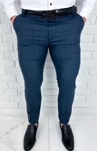 Granatowe eleganckie spodnie męskie slim fit w czarną kratę 2036