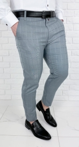 Szare eleganckie spodnie męskie slim fit w kratę 2035