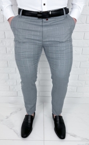 Szare eleganckie spodnie męskie slim fit w kratę 2035