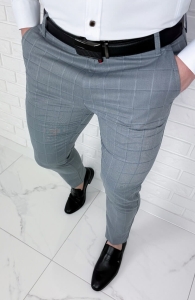 Szare eleganckie spodnie męskie slim fit w kratę 2035