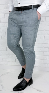 Szare eleganckie spodnie męskie slim fit w kratę 2035